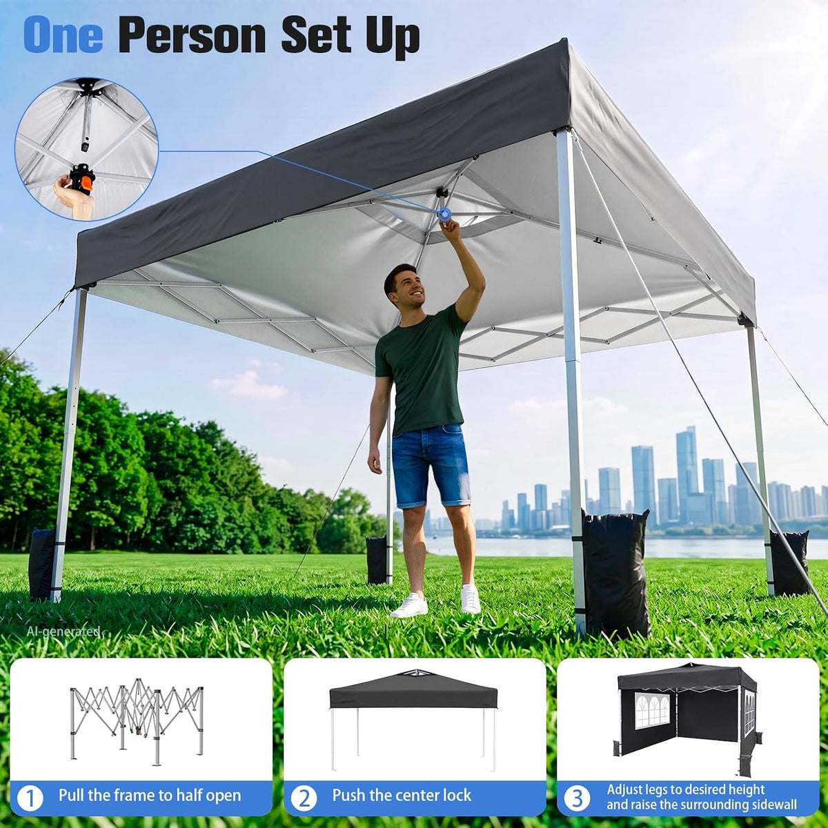 10x10 Pop Up Canopy Tent with Dual Vented Roof, One Push Setup, Black