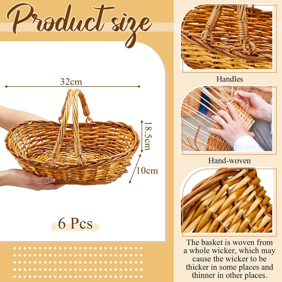 Sintuff 6 Pcs Wicker Picnic Baskets with Handles, Willow Woven,Natural