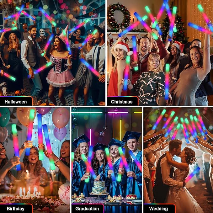 112 PCS Foam Glow Sticks, Foam Light Up Sticks Party Supplies with 3 Mode Colorful Flashing, Glow Sticks Bulk Party Pack, Led Foam Sticks for Birthday, Wedding, Halloween, Carnival, Concert