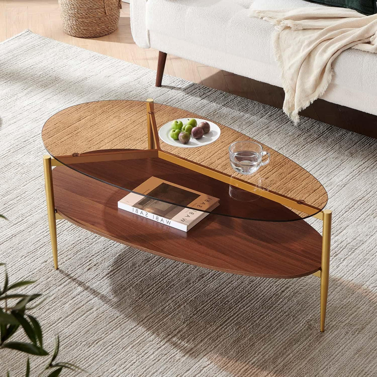 LumFurn Oval Glass Coffee Table, Mid-Century Modern Design, L43 x W21 x H17 inch, for Living Room, 2-Tier Structure, Amber Glass Top, Walnut Finish Wood Shelf & Gold Finish Frame