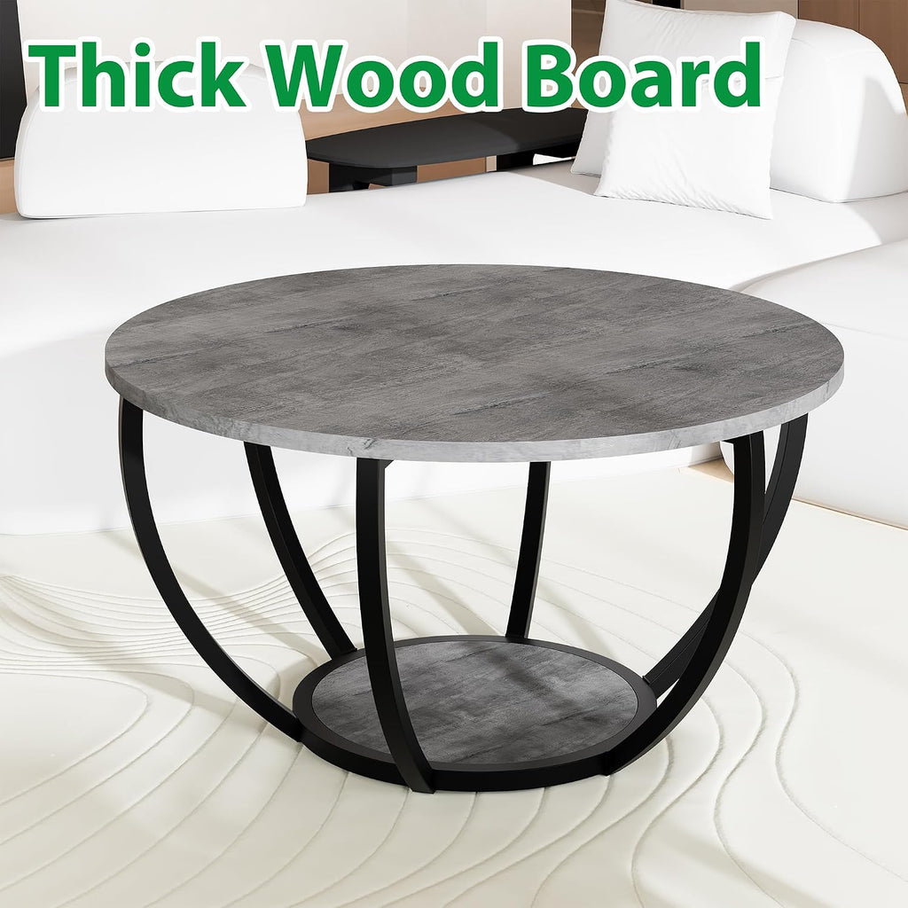 HOMERECOMMEND Round Coffee Table with 2-Tier Storage for Living Room,Grey