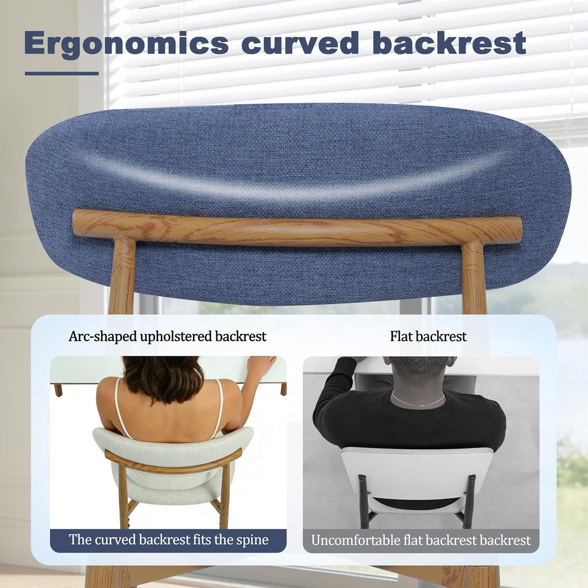 FREKEN Modern Upholstered Dining Chairs Set of 4, Mid-Century Metal Frame with Wood Grain, Linen Fabric Side Chair for Kitchen Dining Room, 350lbs Capacity, Blue