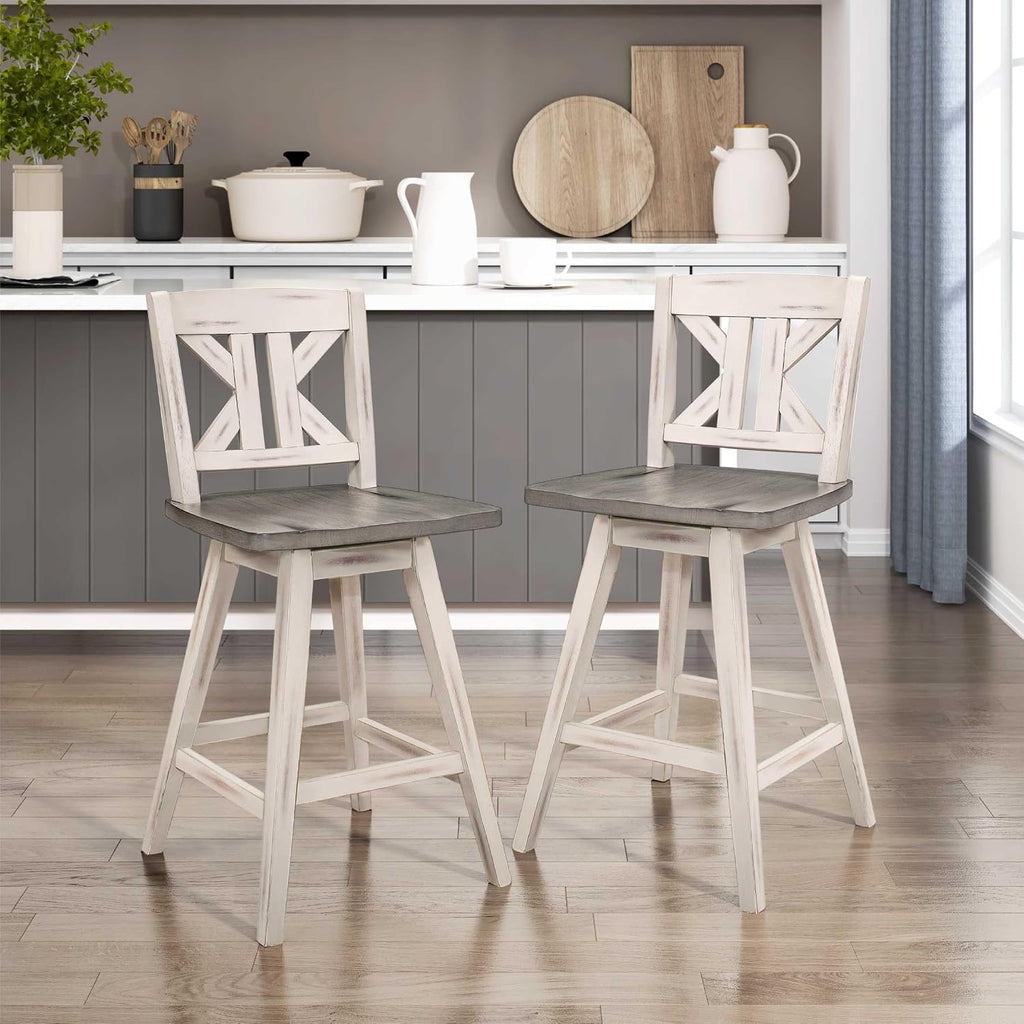 Lexicon Swivel Counter Height Stools Set of 2,KK Back,Antique White/Grey