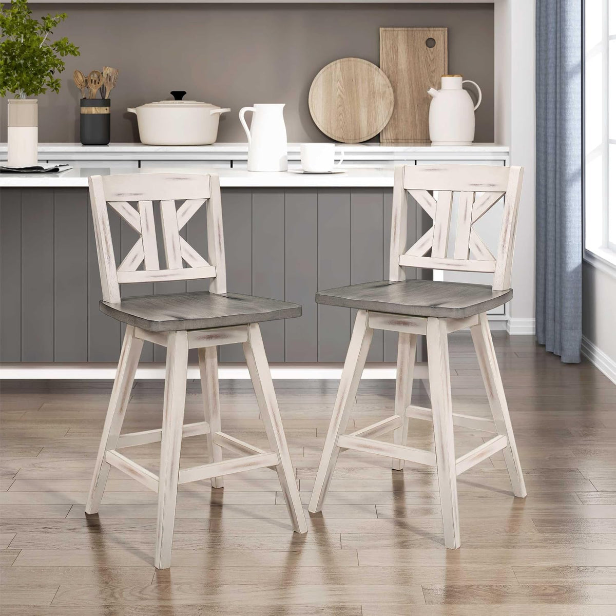 Lexicon Swivel Counter Height Stools Set of 2,KK Back,Antique White/Grey