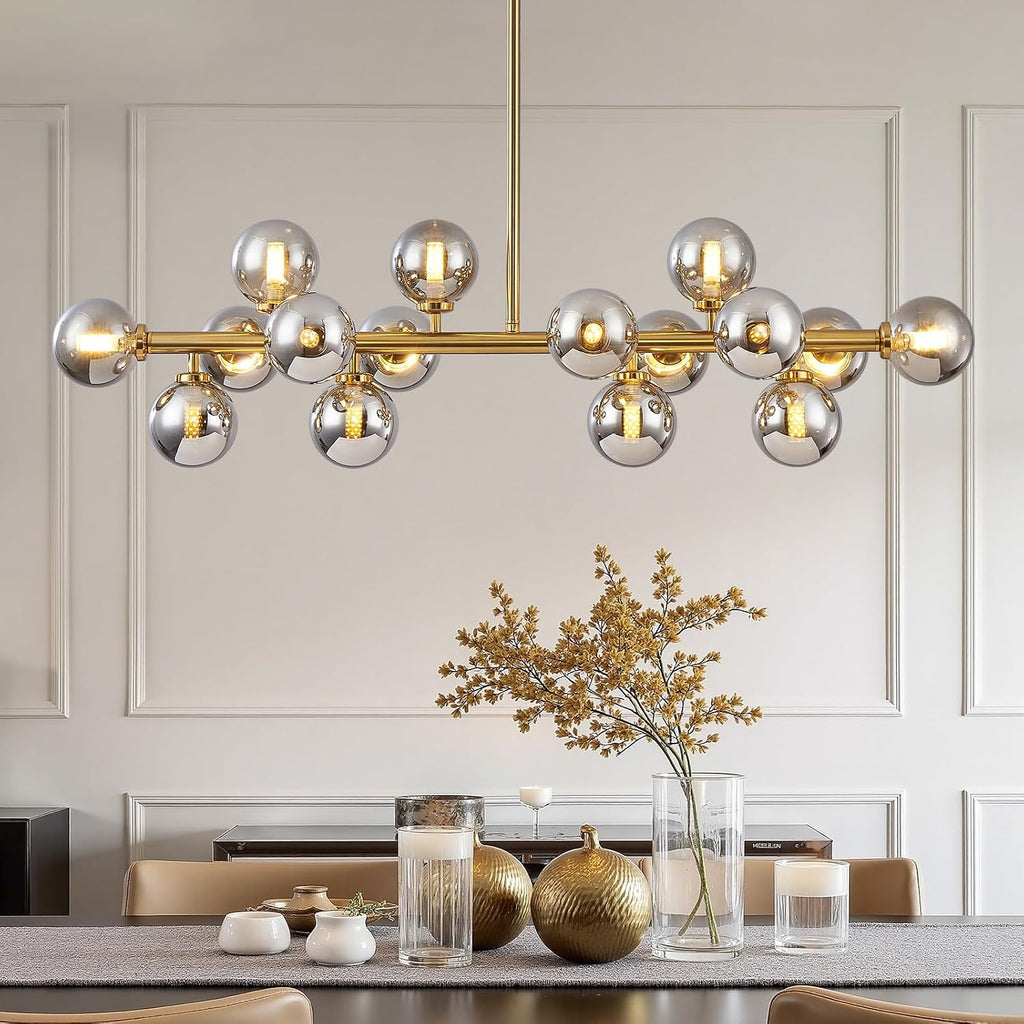 Mid Century Modern Glass Globe Sputnik Chandelier with Smoke Grey Bubble, 16-Light Large Linear Chandeliers for Dining Room Kitchen Island Living Room, Gold Dining Light Fixture Over Table