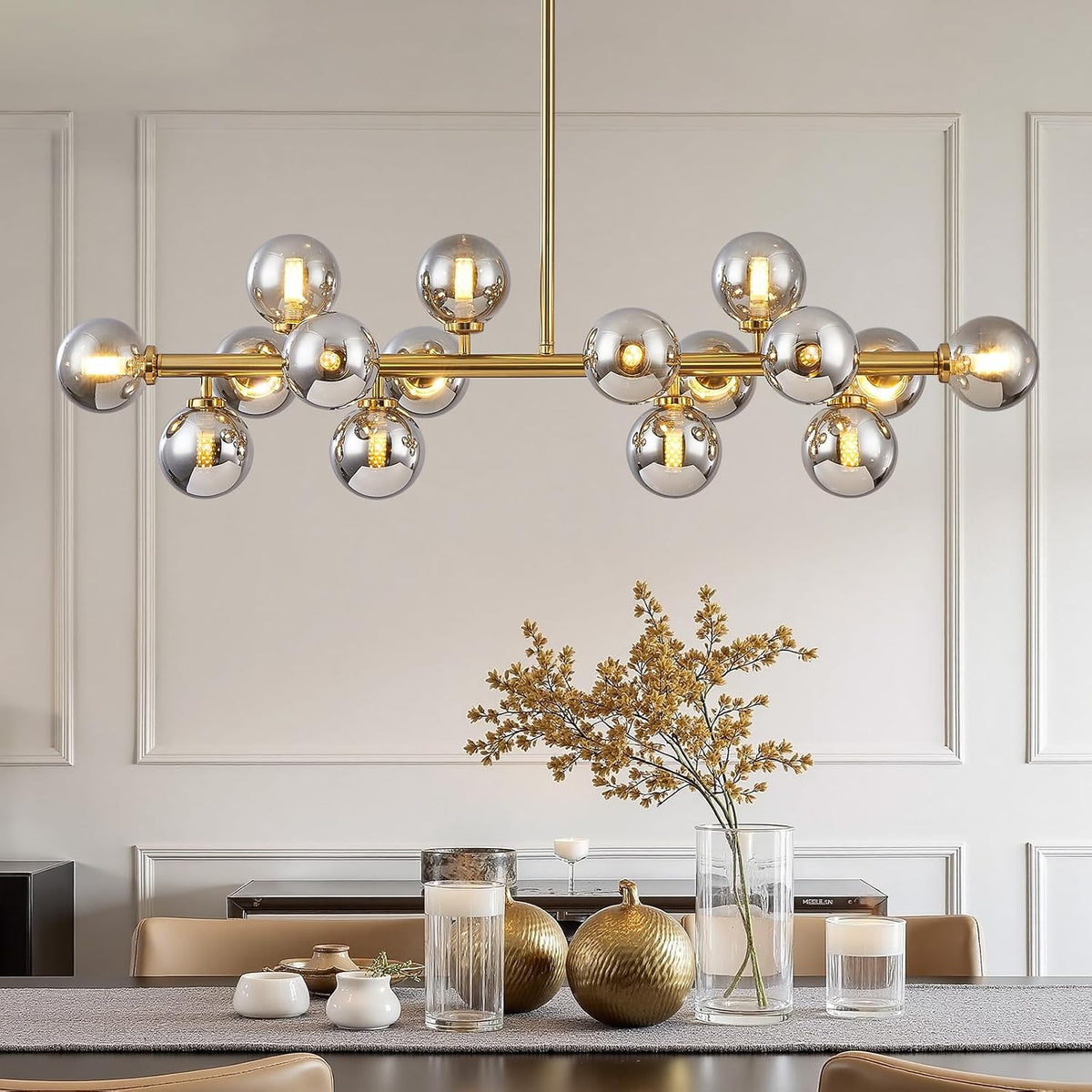 Mid Century Modern Glass Globe Sputnik Chandelier with Smoke Grey Bubble, 16-Light Large Linear Chandeliers for Dining Room Kitchen Island Living Room, Gold Dining Light Fixture Over Table
