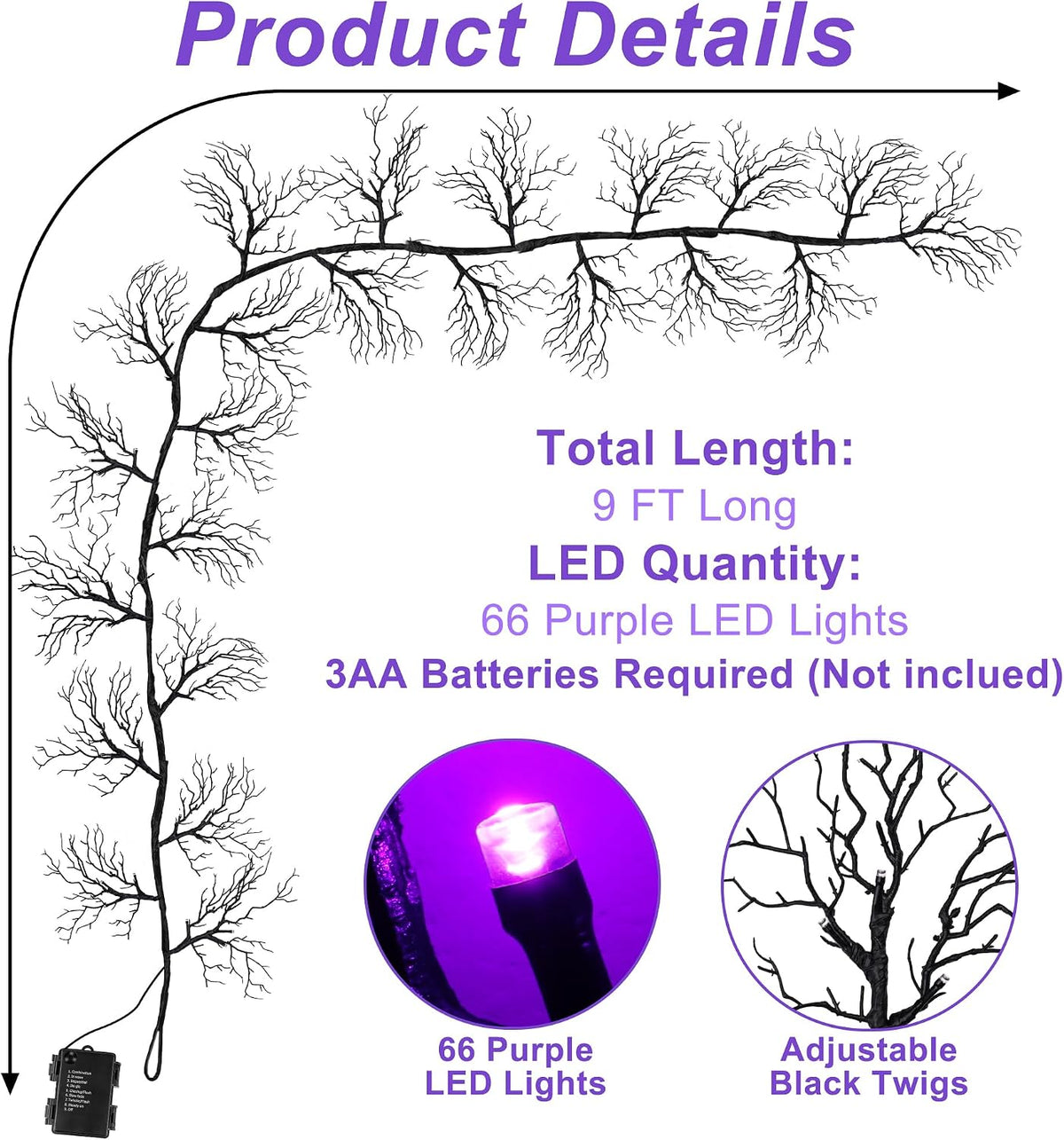 9 Ft 66 LED Willow Vine Twig Decor Black Halloween Garland with Purple Lights, Timer 8 Modes Waterproof Battery Operated Indoor Halloween Decorations for Wall Fireplace Mantle Home Office Party Decor