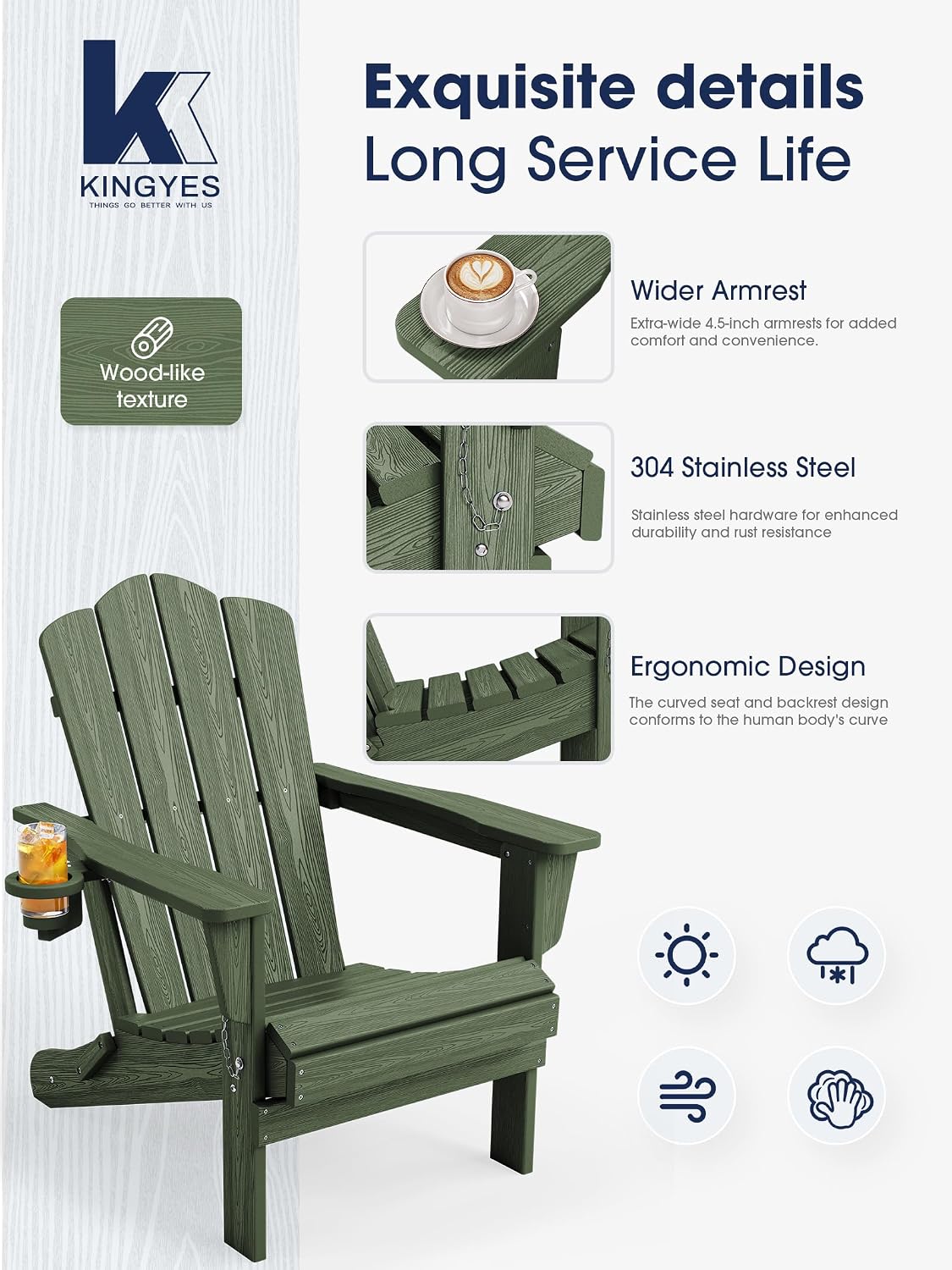 KINGYES Folding Adirondack Chair Set of 2 with Cup Holder, Avocado