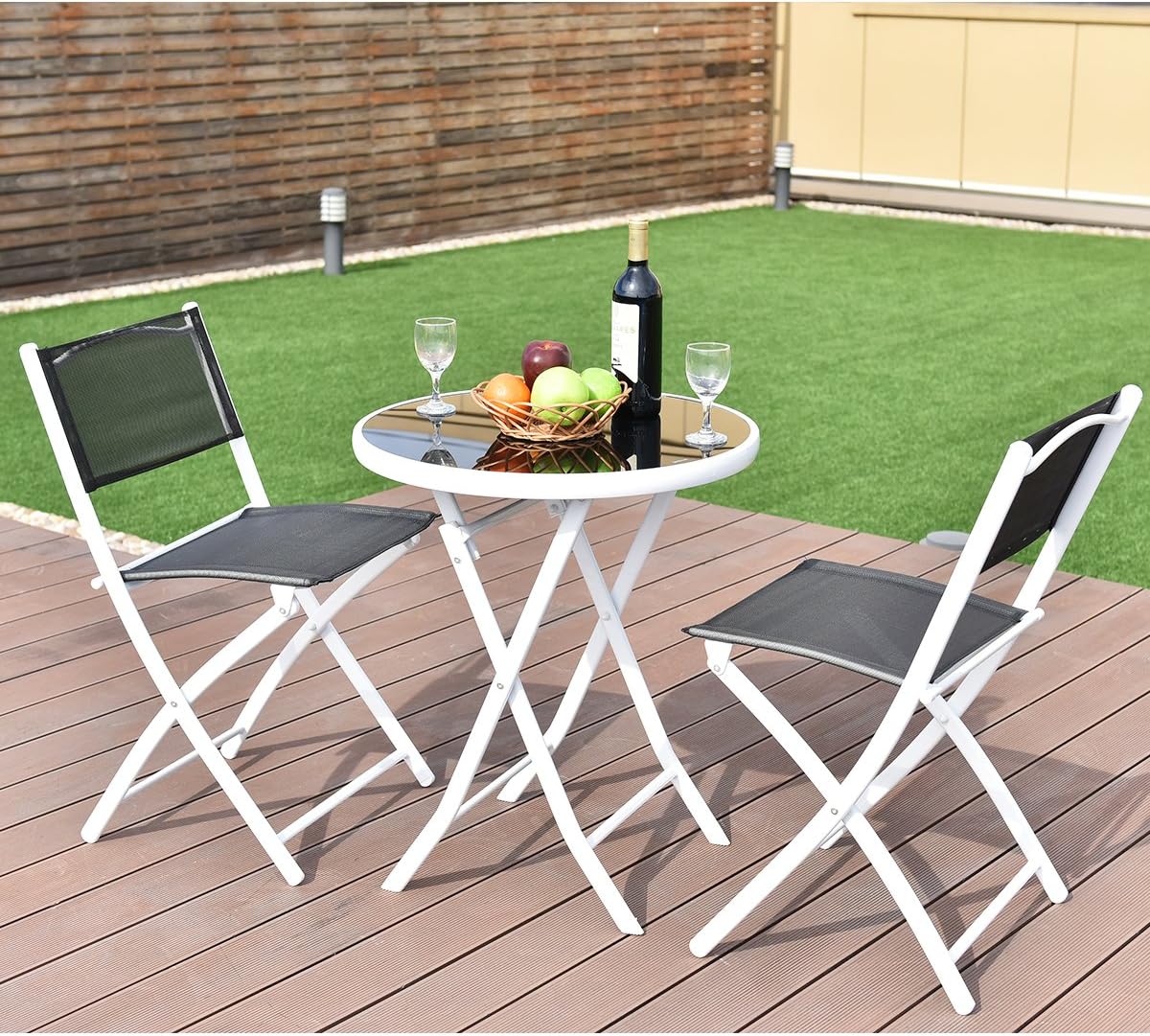 Giantex Bistro Table Set, 3 Piece Patio Bistro Set, Outdoor Folding Table and Chairs, Foldable Patio Dining Set, Porch Furniture Set Garden Backyard Metal Frame No Assembly, Black