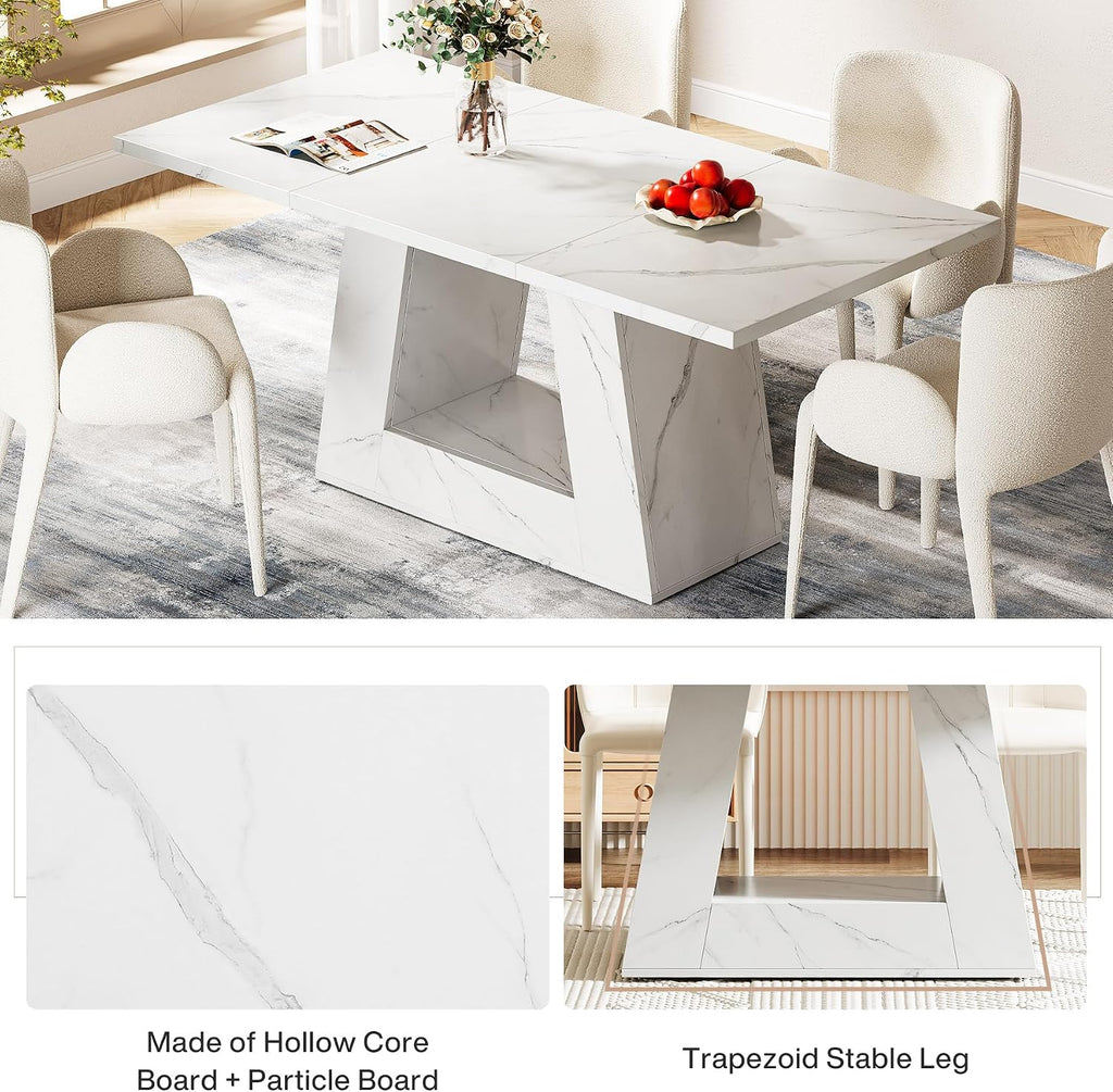 Tribesigns Dining Table for 4 to 6 People, 63" Rectangular Dining Room Table, Modern Wooden Faux Marble Dinner Table with Sturdy Base for Kitchen, Living Room