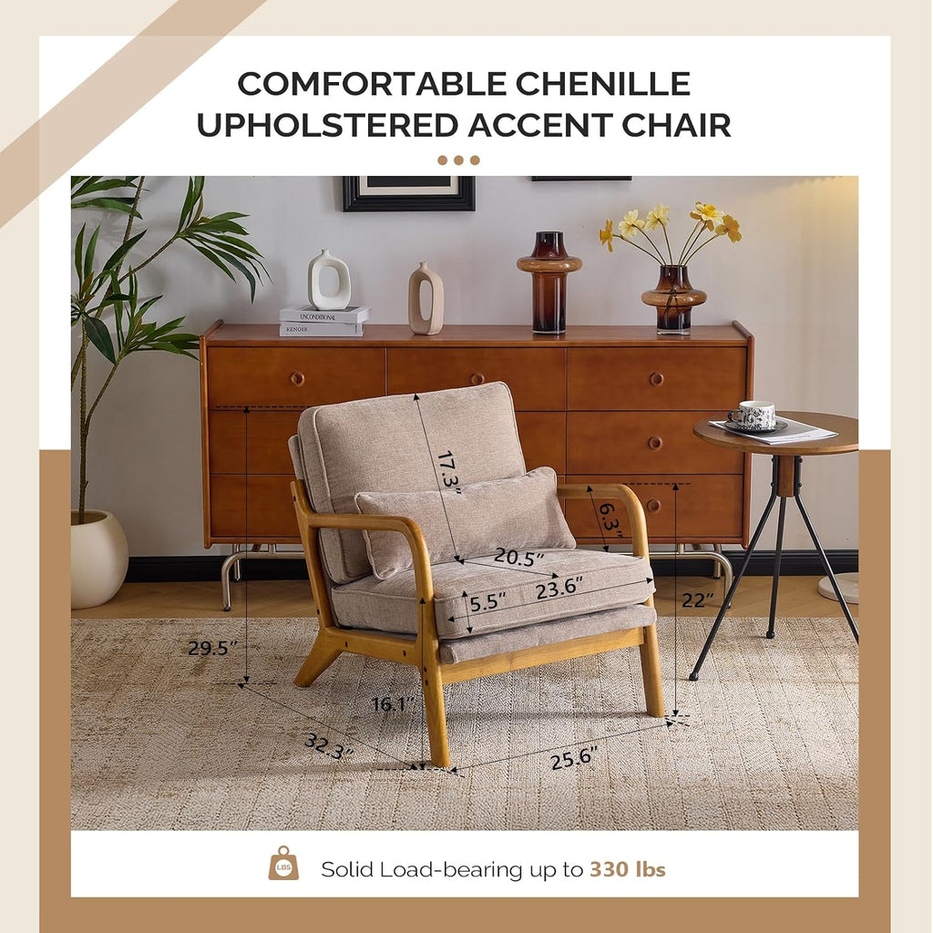 VINGLI Chenille Mid-Century Modern Accent Chair, Cute Reading Arm Chair with Cushion & Lumbar Pillow & Solid Wood Frame for Lounge, Living Room, Reading Room, Bedroom, Light Khaki