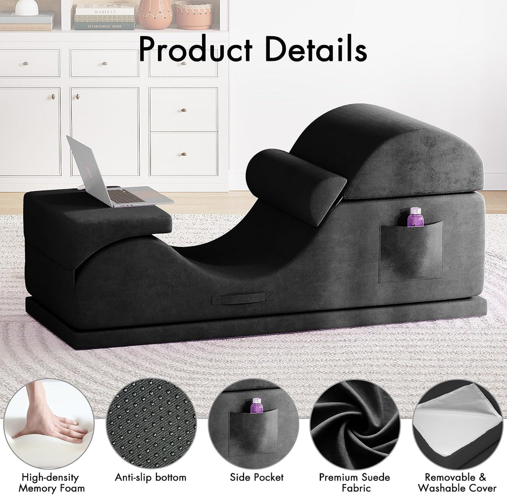 Convertible Yoga Chair for Adults, Ergonomic Foam Lounge with Lumbar Pillow, Washable Cover, Side Pocket, No Assembly Needed – Great for Exercise, Stretching & Relaxation Black