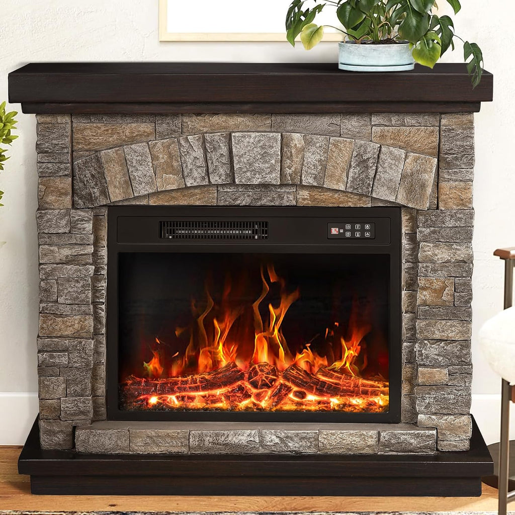 PUKAMI Electric Fireplace with Mantel, Realistic Stone Finish Freestanding Heater TV Stand, 3D Log Flame Effect with Remote Control, 750W/1500W