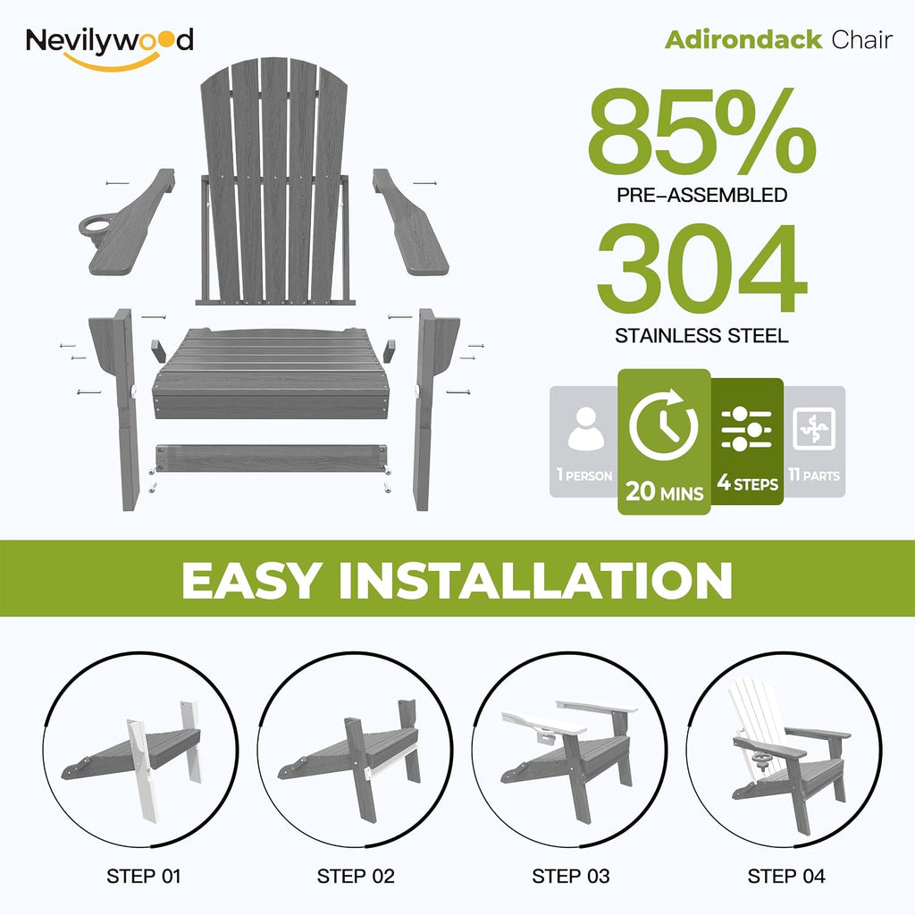 nevilywood Folding Adirondack Chair, HDPE Ergonomic Cup Holder, Gray