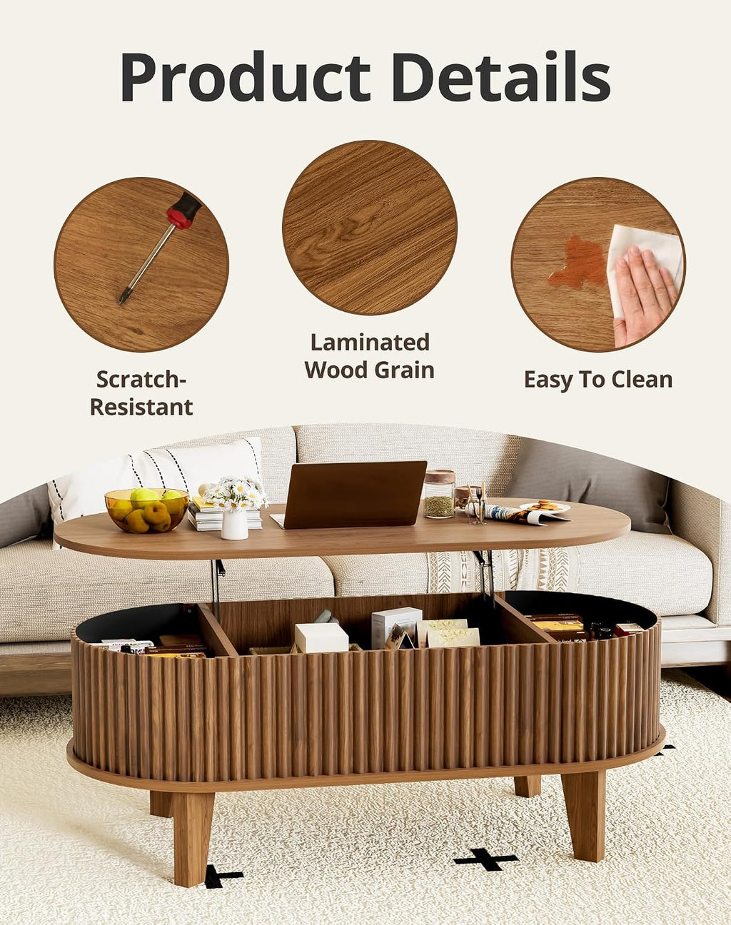Oval Lift Top Coffee Table with Storage, 41" Wood Fluted Modern Living Room Center Table for Home Office, Walnut