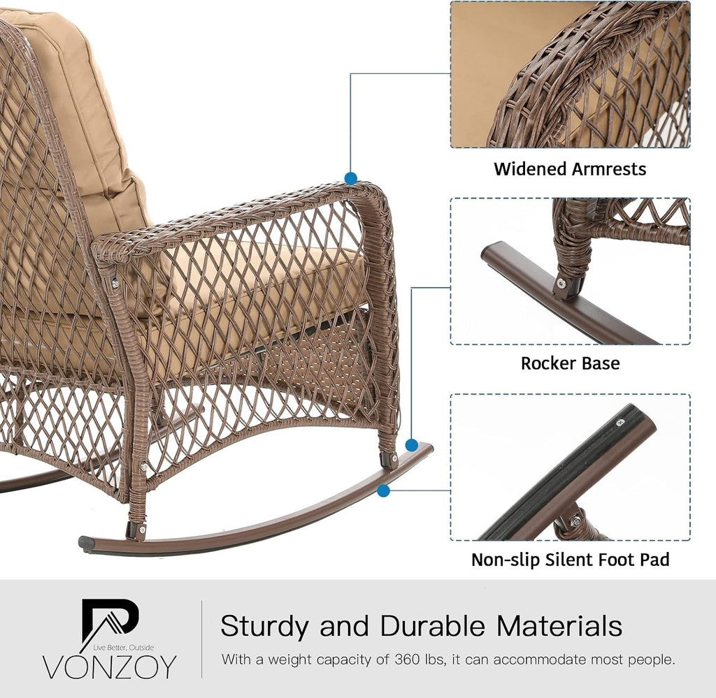 Patio Furniture Set 3 Pieces, Wicker Outdoor Rocking Bistro Set, Khaki