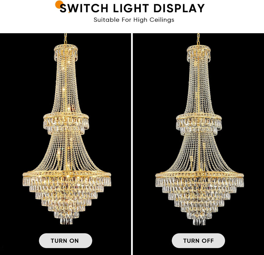 Large Gold Luxury Crystal Chandeliers 26 Lights Modern Chandelier for High Ceilings Crystal Pendant Light Fixture Foyer Staircase Hallway Entryway Banquet Hall Lobby 63" H x 30.7" D