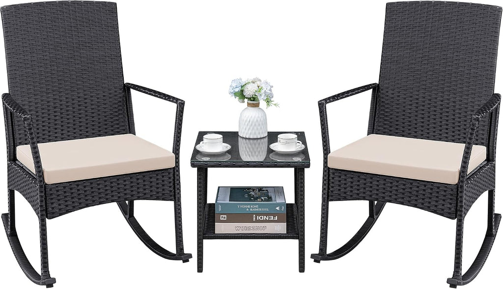 Greesum 3 Pieces Patio Furniture Set Outdoor Wicker Rocking Chairs,Beige