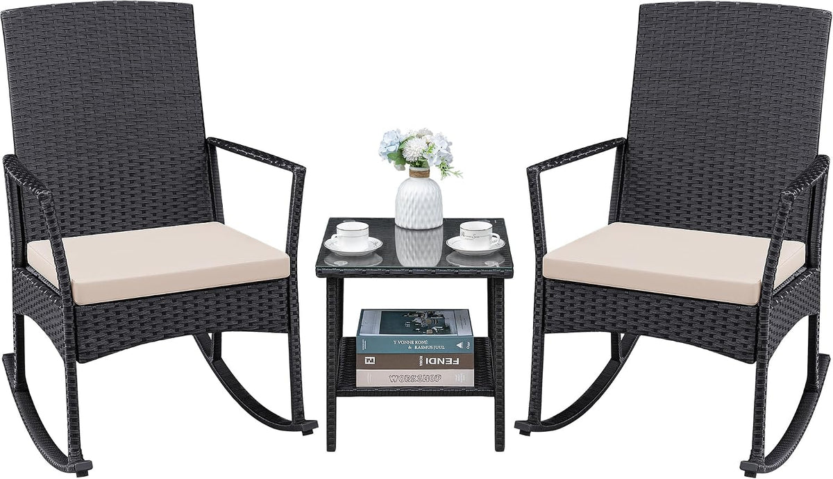 Greesum 3 Pieces Patio Furniture Set Outdoor Wicker Rocking Chairs,Beige
