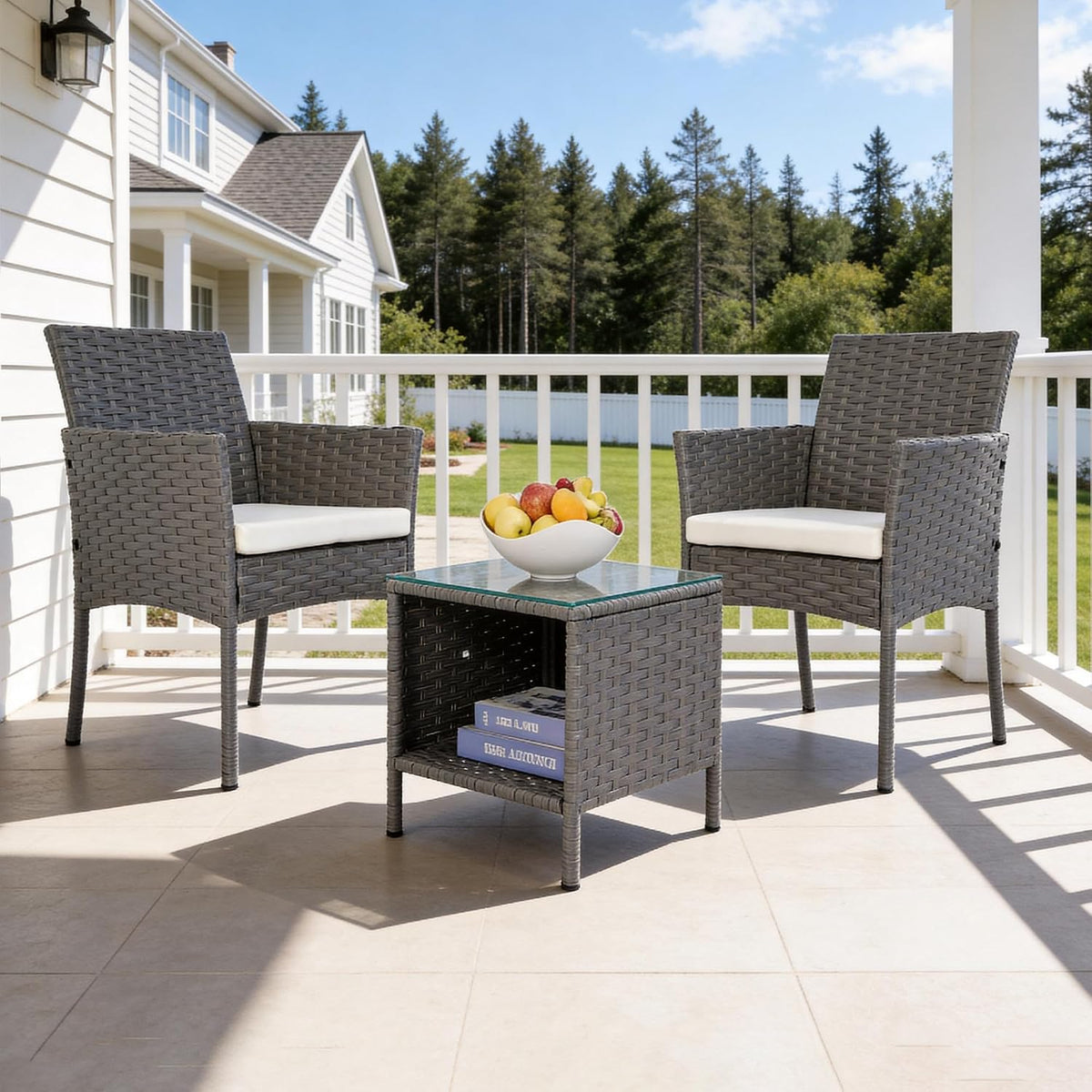 3 Piece Patio Furniture Set, Gray Wicker Chairs with Beige Cushion