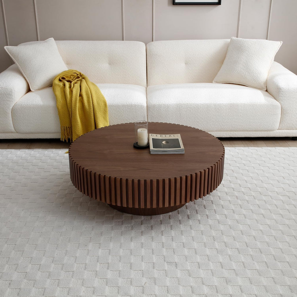 Round Coffee Table with Fluted Design, Walnut
