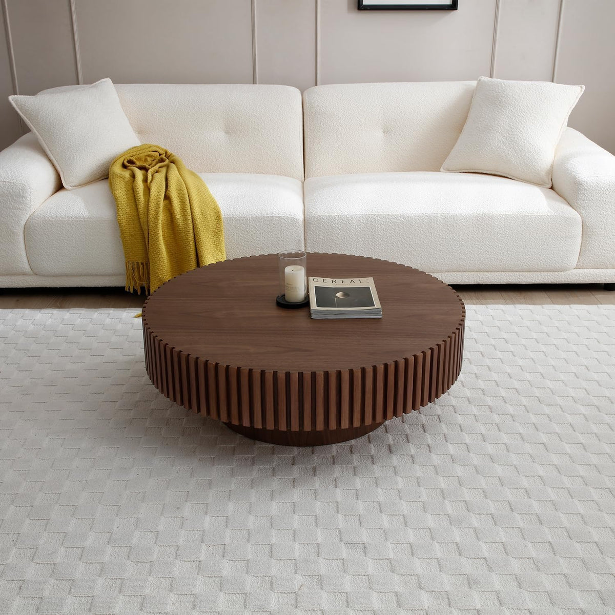 Round Coffee Table with Fluted Design, Walnut