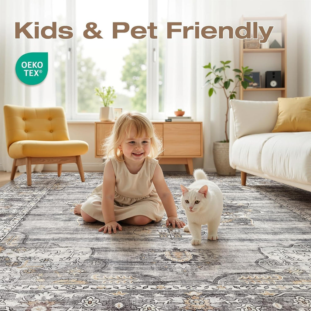 Vintage Washable 8x10 Area Rug, Non-Slip Indoor Carpet, Grey