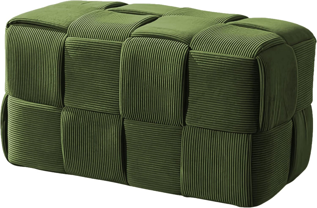 Cmishe 28" Rectangular Woven Corduroy Ottoman Footrest - Large Modern Entryway Bench & Bed End Stool, Sturdy Wood Frame, No Assembly (Green-L)