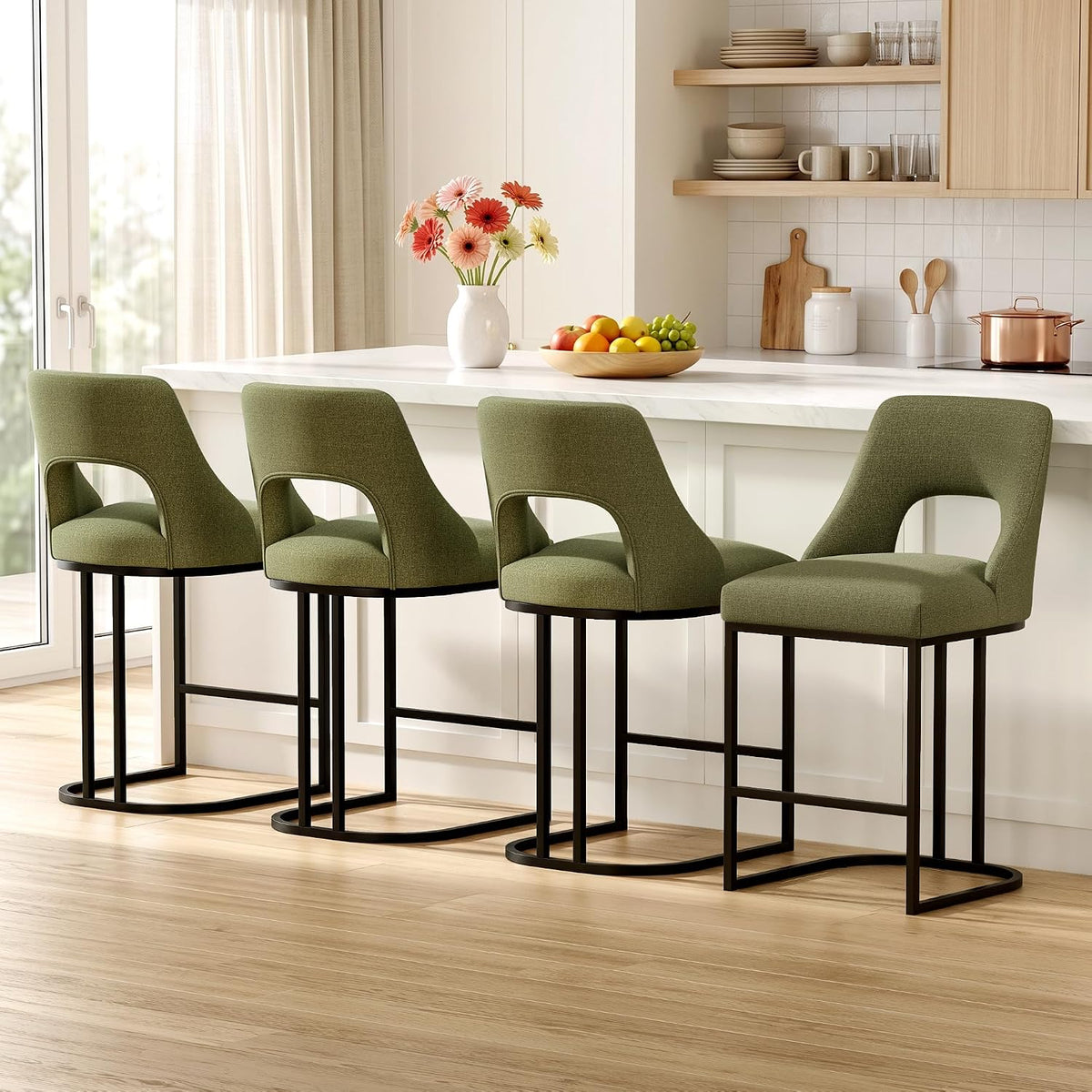 UVV Bar Stools Set of 4, Upholstered Counter Height Bar Stools with Sturdy Metal Legs Green Barstools for Bar Kitchen Island Dining Room