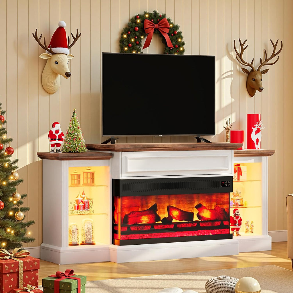 VanAcc 70" Farmhouse Fireplace TV Stand with Mantel for TVs up to 75"