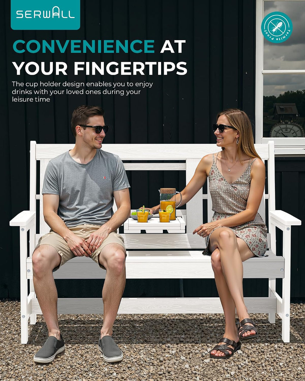 SERWALL HDPE Outdoor Bench with Cup Holder Oversized 58" Porch Bench, White