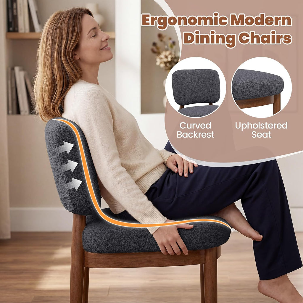 Wooden Dining Chairs Set of 6, Boucle Upholstered Kitchen Chairs with Solid Wood Legs, Mid Century Modern Dining Chairs, Farmhouse Side Chair with Hardwood Frame for Dining Room, Dark Gray