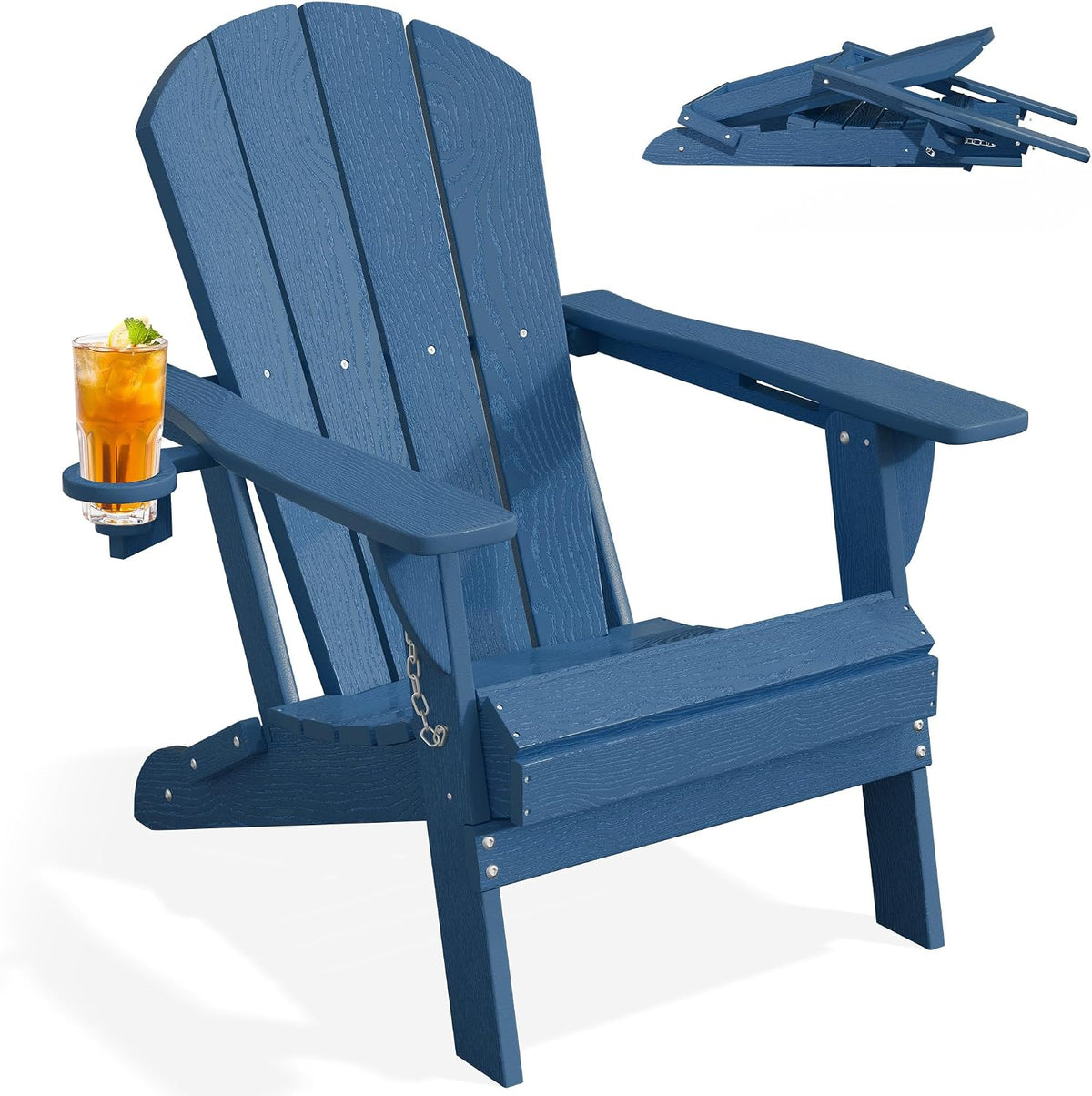 PLUUV Folding Adirondack Chair, HDPE Fire Pit Chairs with Cup Holder, Navy