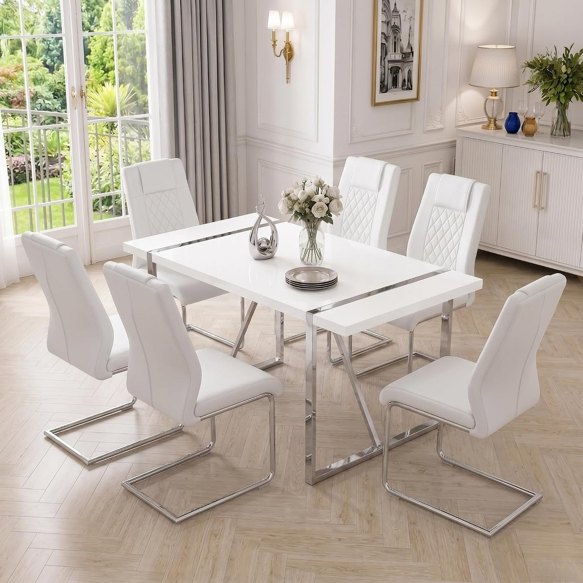 55‘’ White Dining Table Set for 6, Dining Tabletop and Silver Metal Frame, Rectangle Dining Room Table with 6 White Upholstered Dining Chairs. ModernDinner table Set for Kitchen and Dining Room.
