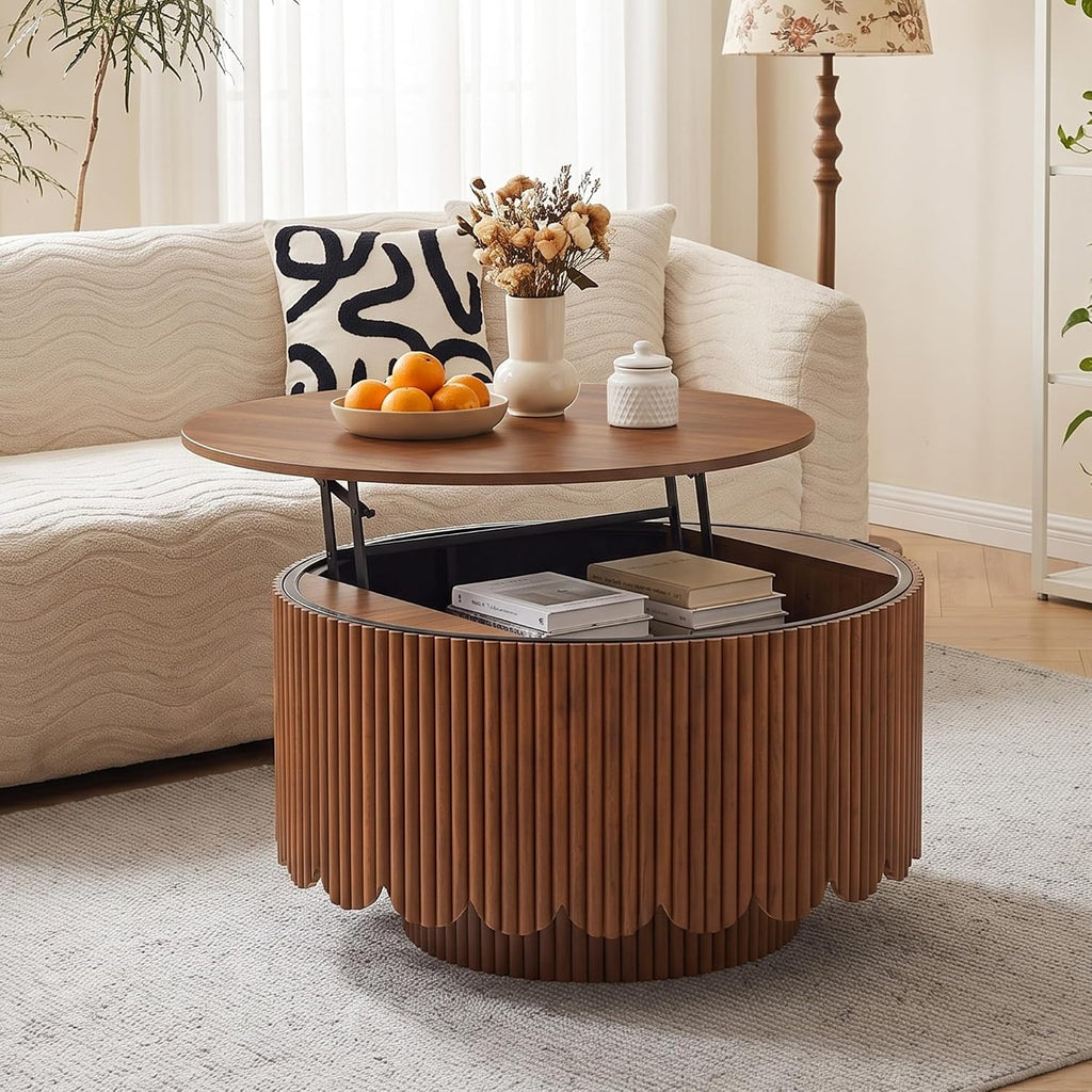 Round Lift Top Coffee Table with Storage, Fluted Circle Coffee Table,Walnut