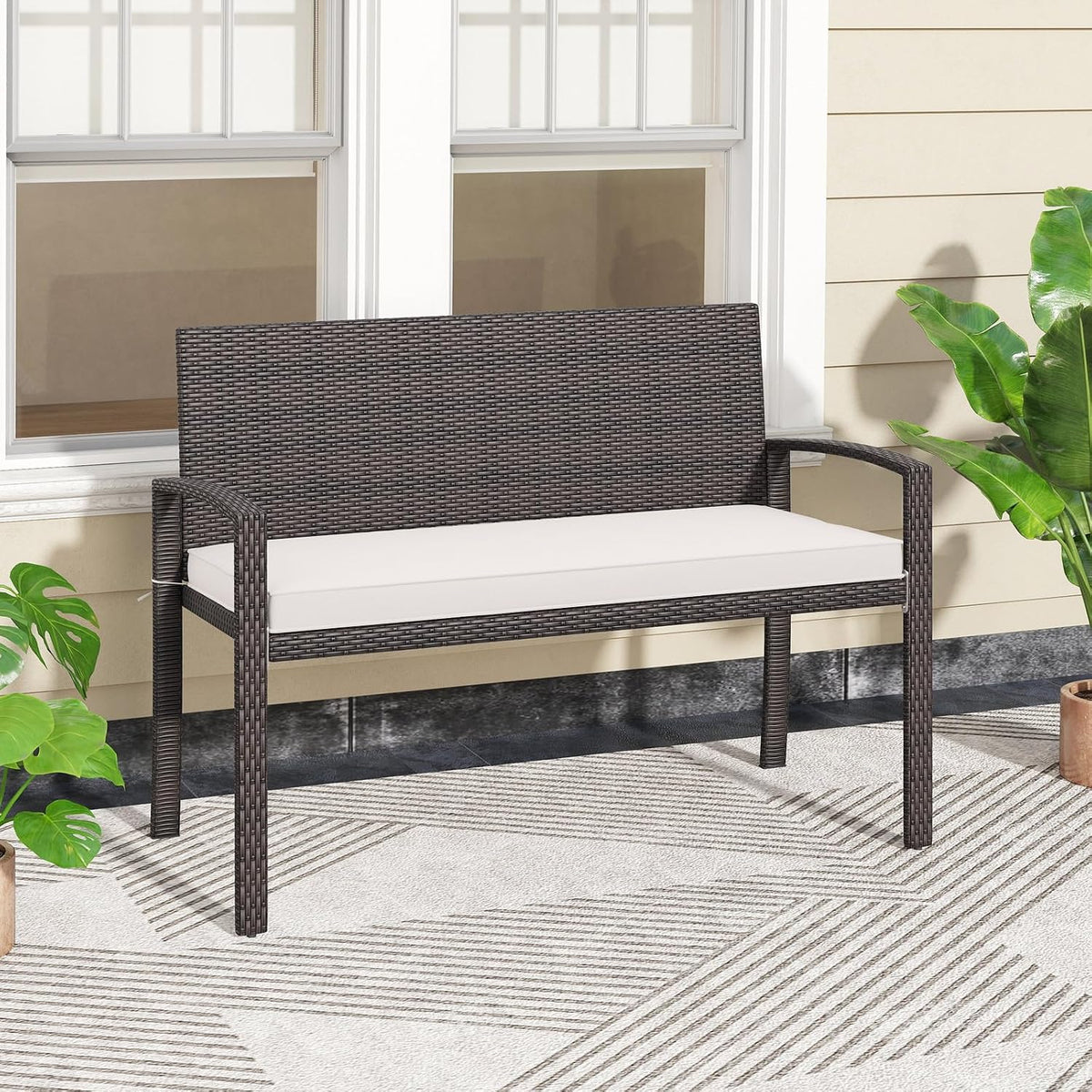 Tangkula Outdoor Rattan Bench, 2-Person Patio Loveseat with Removable Seat Cushion, Metal Frame, Backrest & Armrests, for Porch, Backyard, Garden, Balcony, Brown