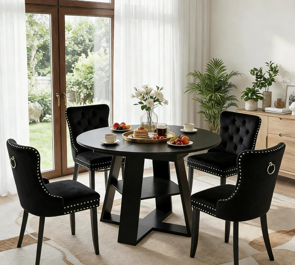 5 Piece Round Extendable Dining Table Set for 4, 43"-59" Black Wood Oval Expanding Kitchen Table with 4 Velvet Tufted Chairs, Space Saving Extendable Dining Room Tables with Storage Shelf