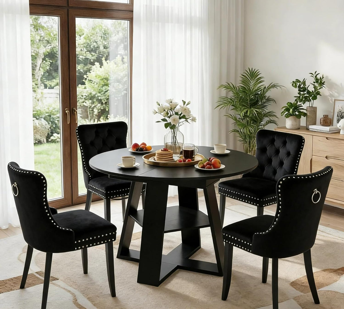 5 Piece Round Extendable Dining Table Set for 4, 43"-59" Black Wood Oval Expanding Kitchen Table with 4 Velvet Tufted Chairs, Space Saving Extendable Dining Room Tables with Storage Shelf