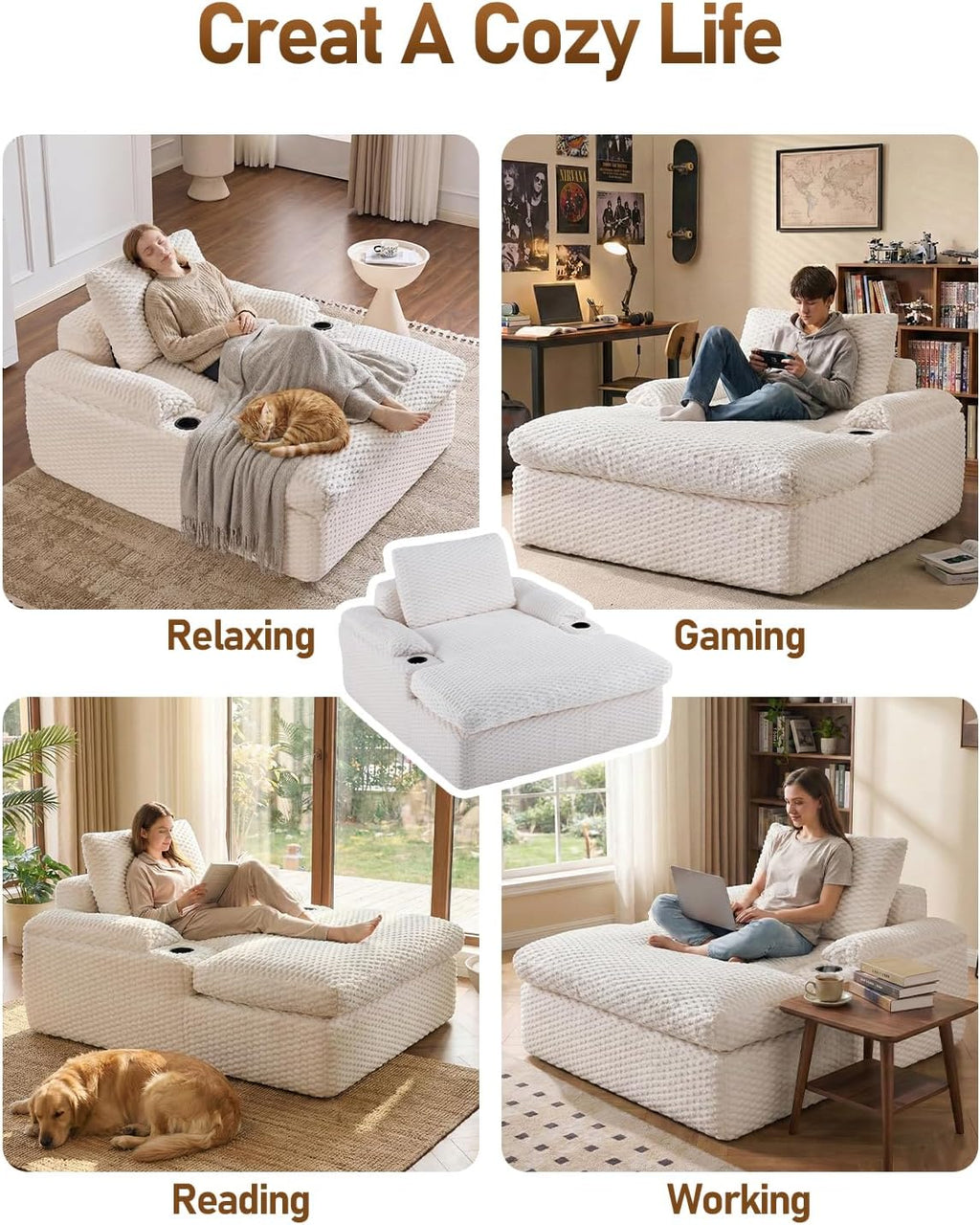 Karl home 59.8" Chaise Lounge Chair Indoor,20.1" Deep Seat, White