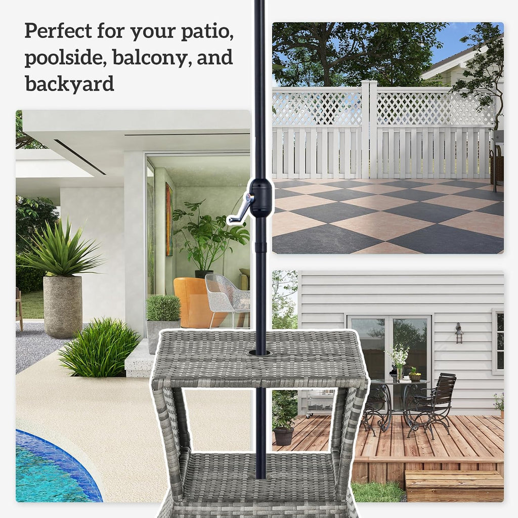 Outsunny Outdoor Side Table with Umbrella Hole 2 Tier Wicker Mixed Gray