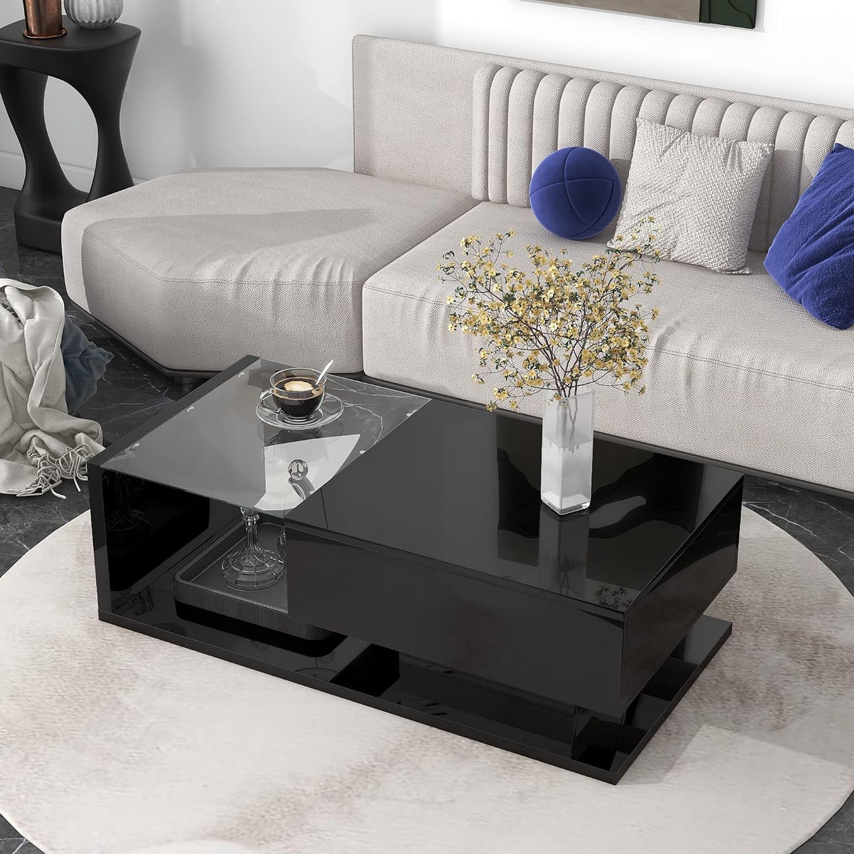 Modern Coffee Table with Tempered Glass, Wooden Cocktail Table with High-Gloss UV Surface, Modernist 2-Tier Rectangle Center Table for Living Room, Black