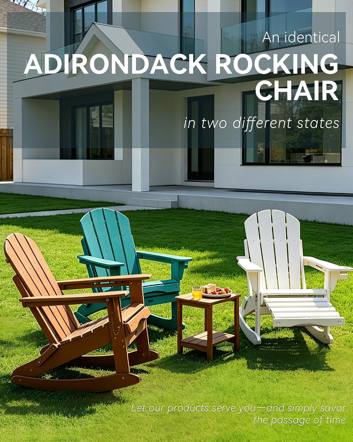 Adjustable Adirondack Rocking Chair with Retractable Ottoman, 4-in-1 Multifunctional Folding Patio Chair with Cup Holder, Outdoor Chair Wood Texture for Lawn,Porch, Backyard,Teak
