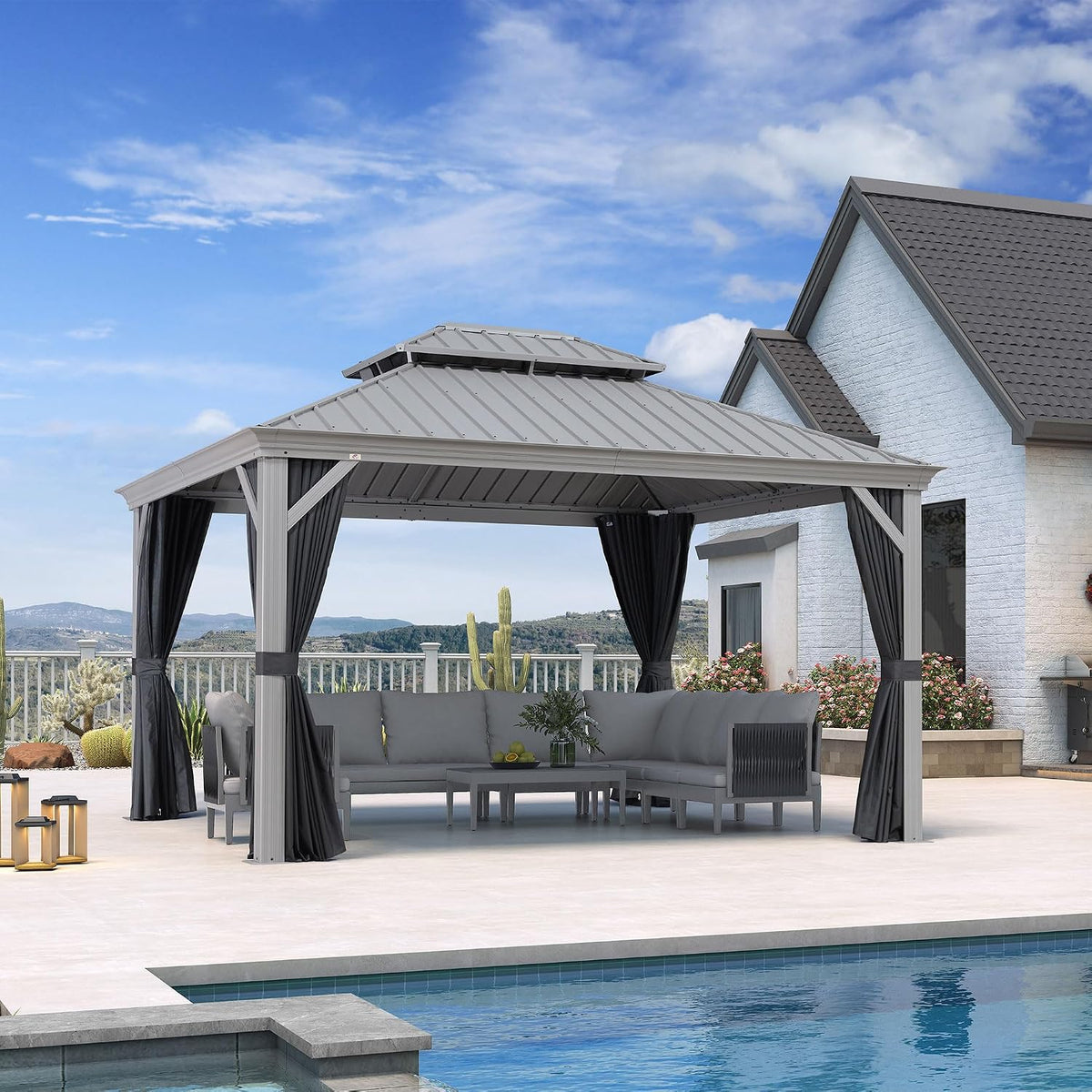 PURPLE LEAF Hardtop Gazebo 11' x 13' Patio Gazebo, Black Curtain & Netting