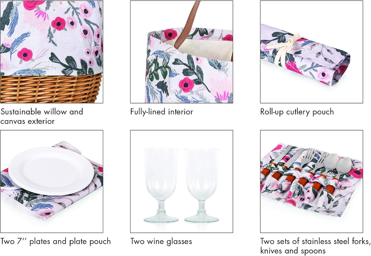 Picnic TIME Promenade Picnic Basket for 2, Canvas and Willow Picnic Set - Includes Utensil Set, Glasses, and Plates, (Floral Pattern)
