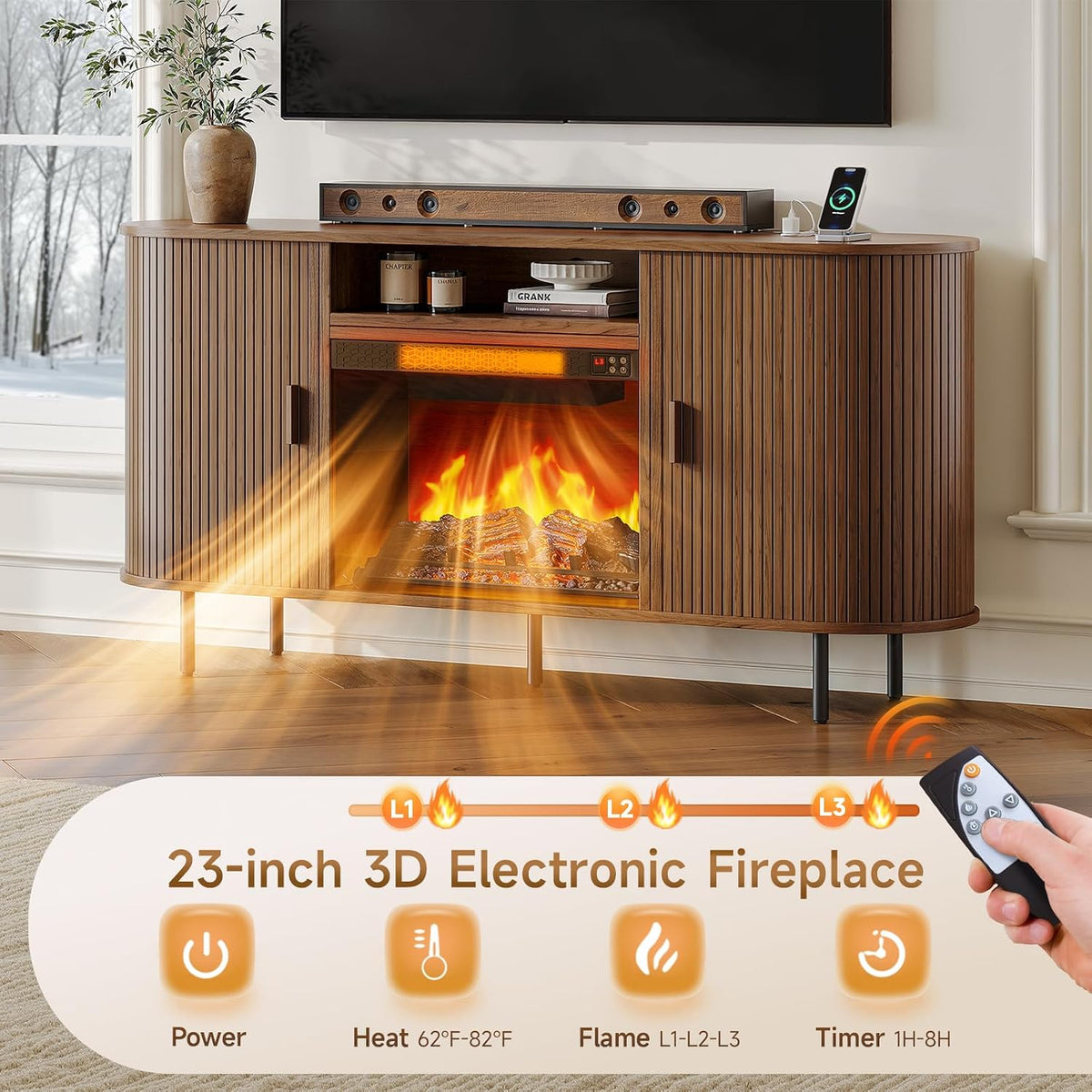 ComfyCorner 63" Fluted Fireplace TV Stand with Sliding Doors & Power Outlet