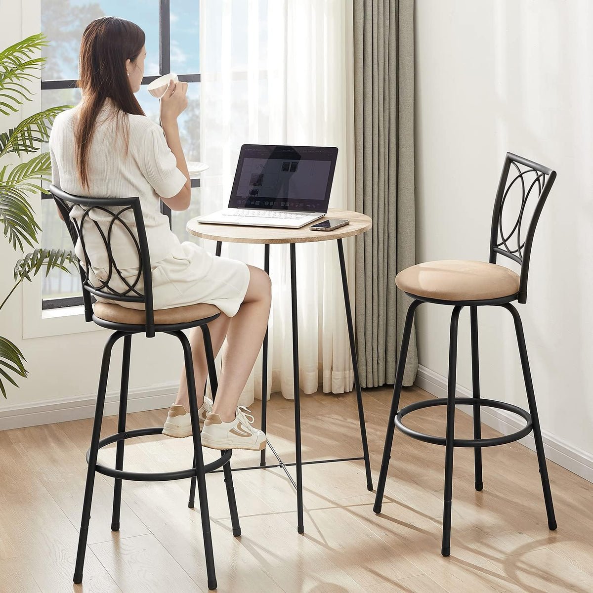 VECELO Bar Stools, 24/29" Adjustable Barstool,Swivel Counter Stool with Upholstered Seat,Steel Bistro Pub Chairs, Curved Line Backrest, Set of 2