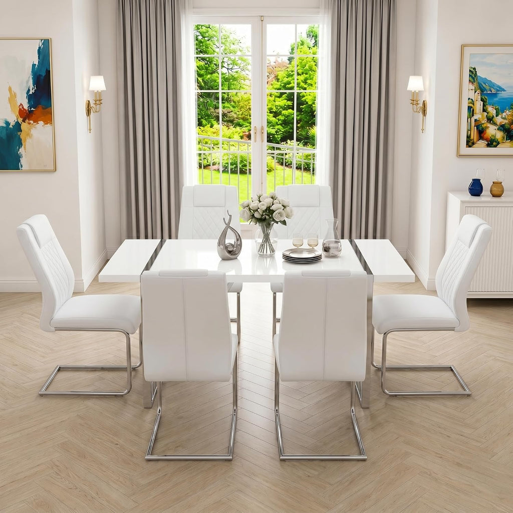 55‘’ White Dining Table Set for 6, Dining Tabletop and Silver Metal Frame, Rectangle Dining Room Table with 6 White Upholstered Dining Chairs. ModernDinner table Set for Kitchen and Dining Room.
