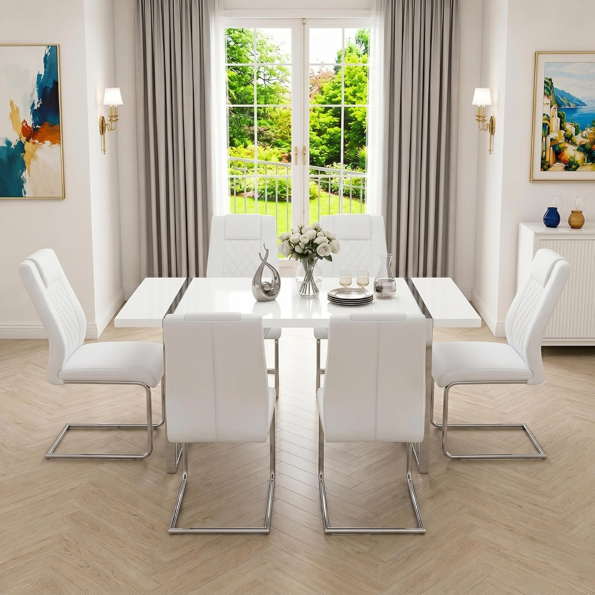 55‘’ White Dining Table Set for 6, Dining Tabletop and Silver Metal Frame, Rectangle Dining Room Table with 6 White Upholstered Dining Chairs. ModernDinner table Set for Kitchen and Dining Room.