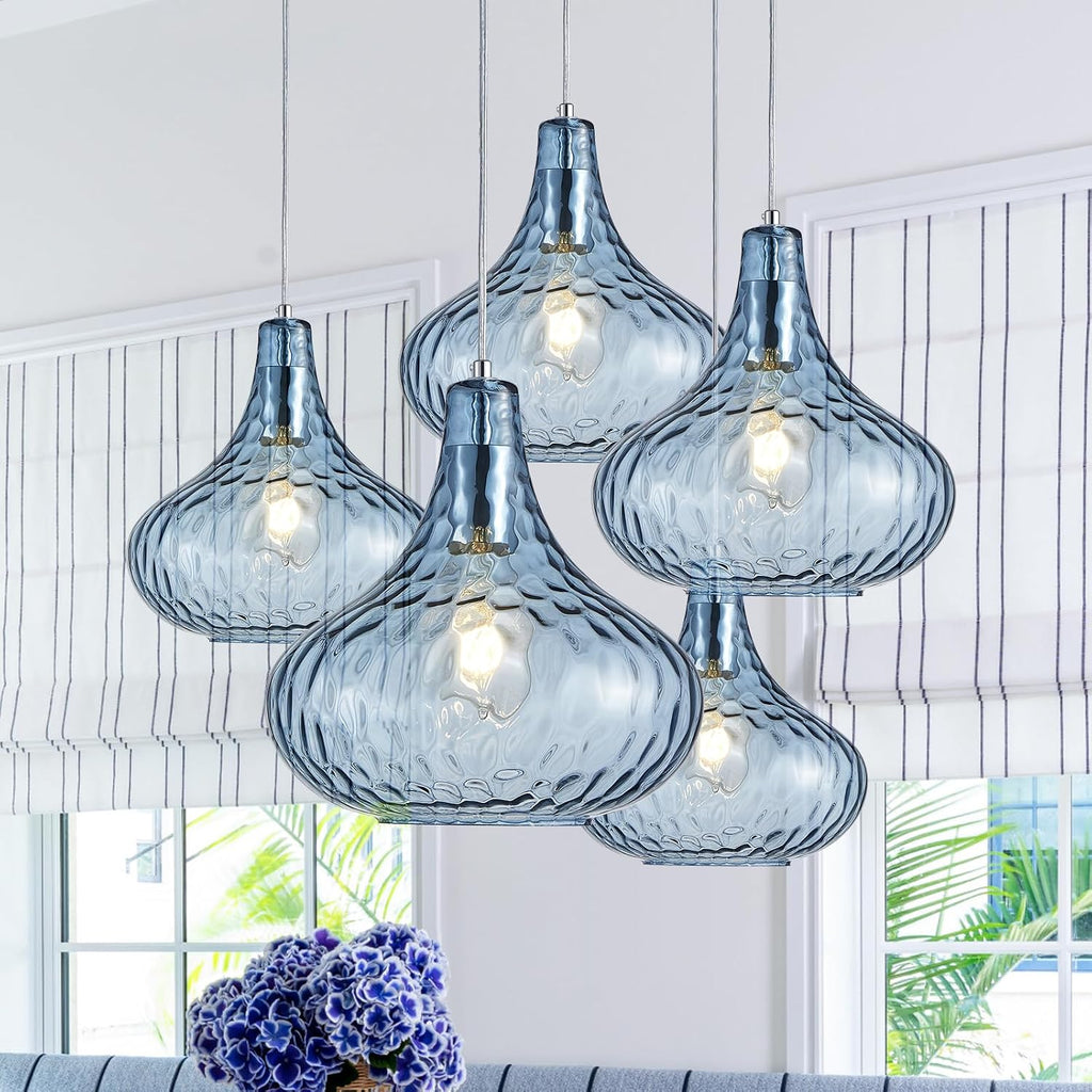11 Inch Blue Hammered Glass Pendant Light Brushed Nickel Ceiling Lamp