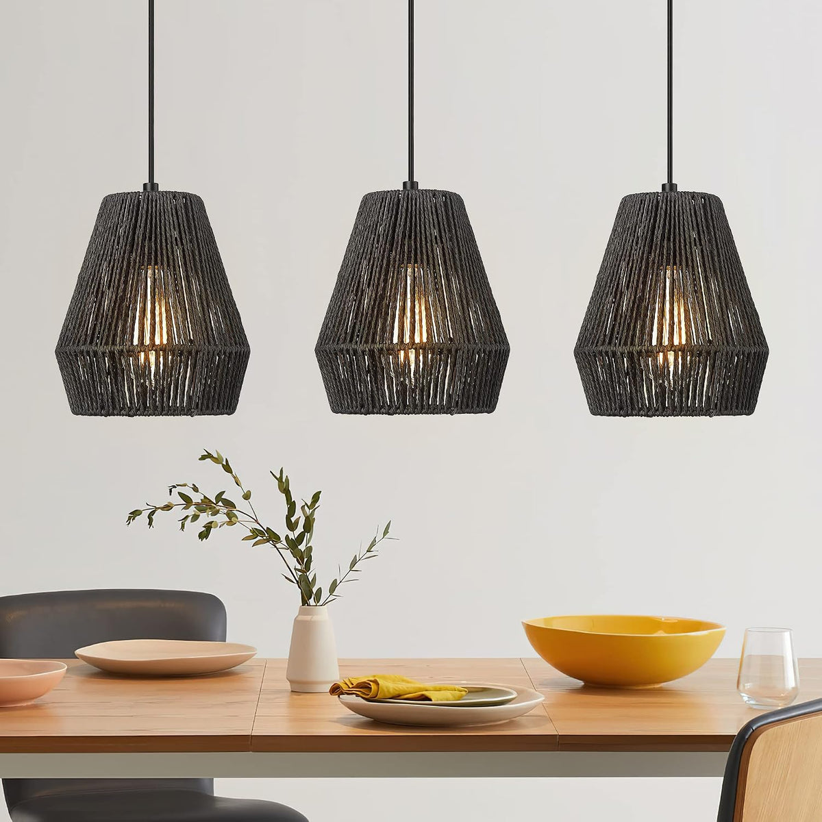 ELYONA Modern Woven Pendant Light Fixtures, 7" Farmhouse Coastal Hanging Lamp, Matte Black Handwoven Rattan Basket Shade, Boho Pendant Light for Kitchen Island Bar,Dining Room, Bedroom,Hallway 3 Pack